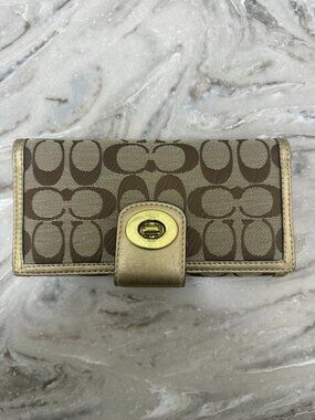 COACH Tan & Gold Signature Wallet w/ Turn Lock